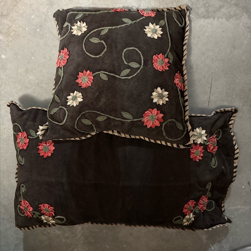 Double D Ranch Elegant Suede Leather, Tan  Buck Stitch Lumbar & Square Pollows